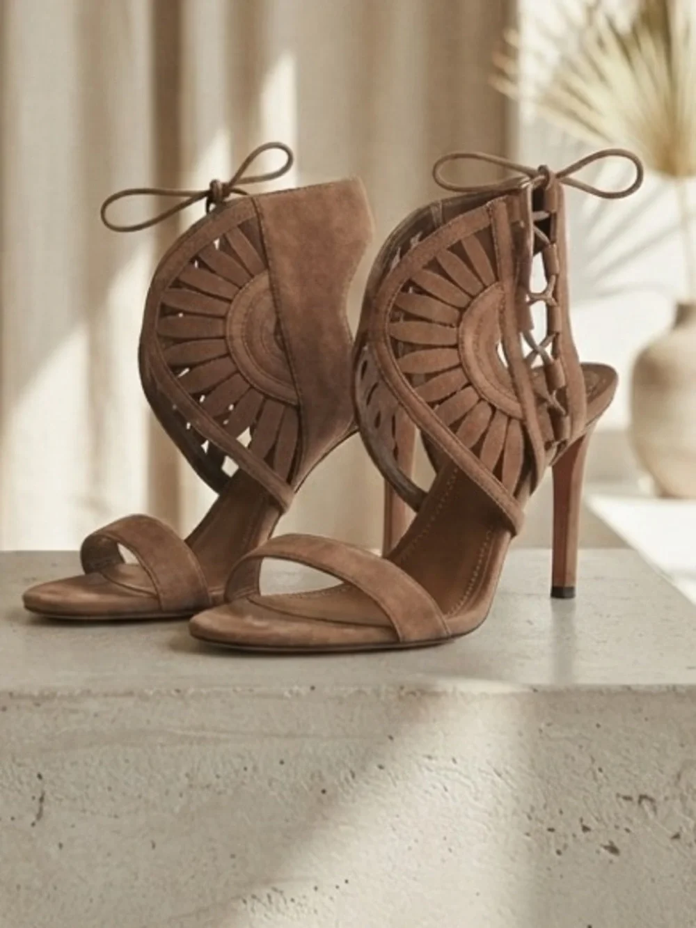 Tory Burch Brown Suede Lace Up Strappy Stiletto Sandals Cutout Heels Size 5